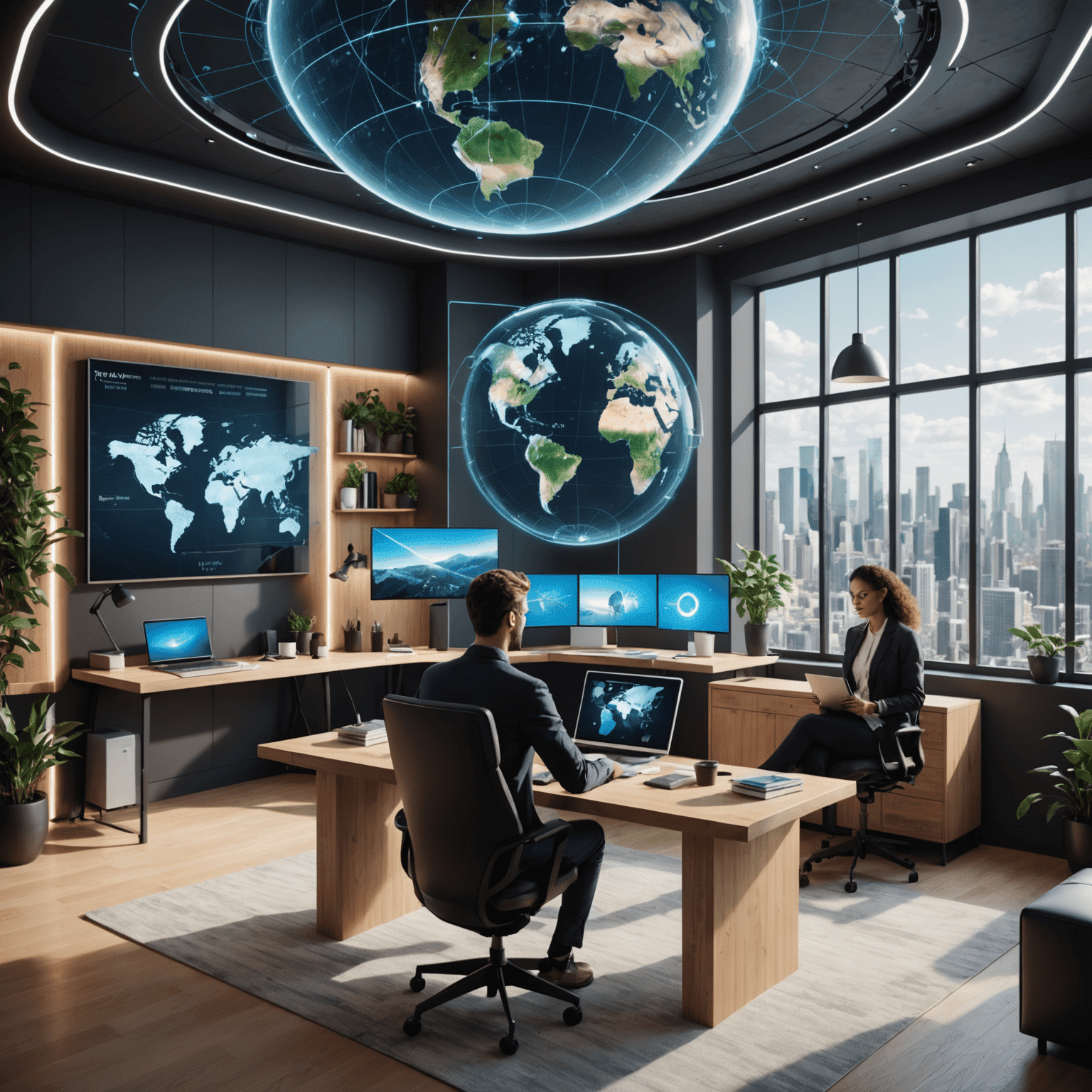 Futuristic visualization of remote work trends, showing virtual offices and global connectivity