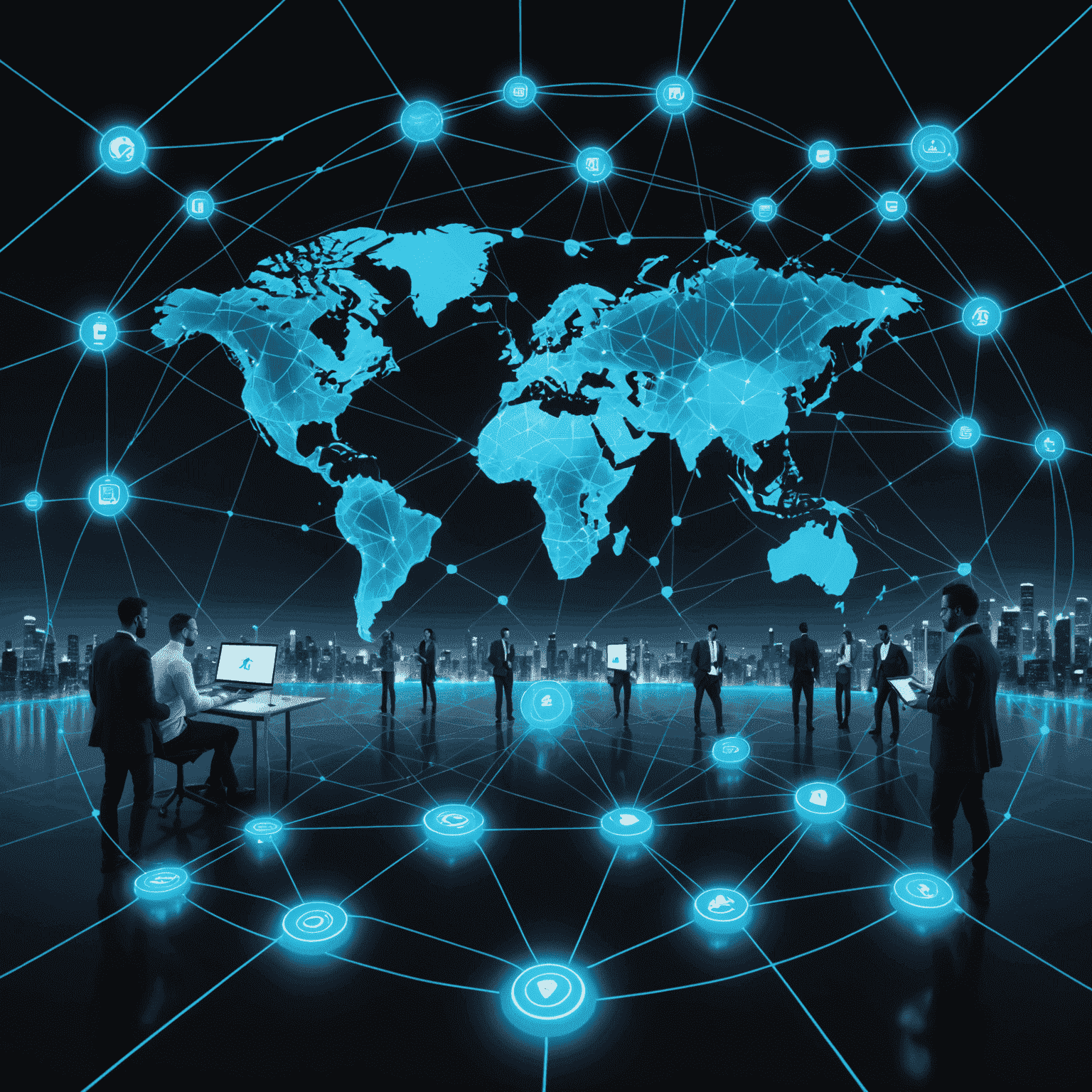 Futuristic visualization of remote workers connected through a virtual network, with neon blue lines connecting diverse professionals across a global map