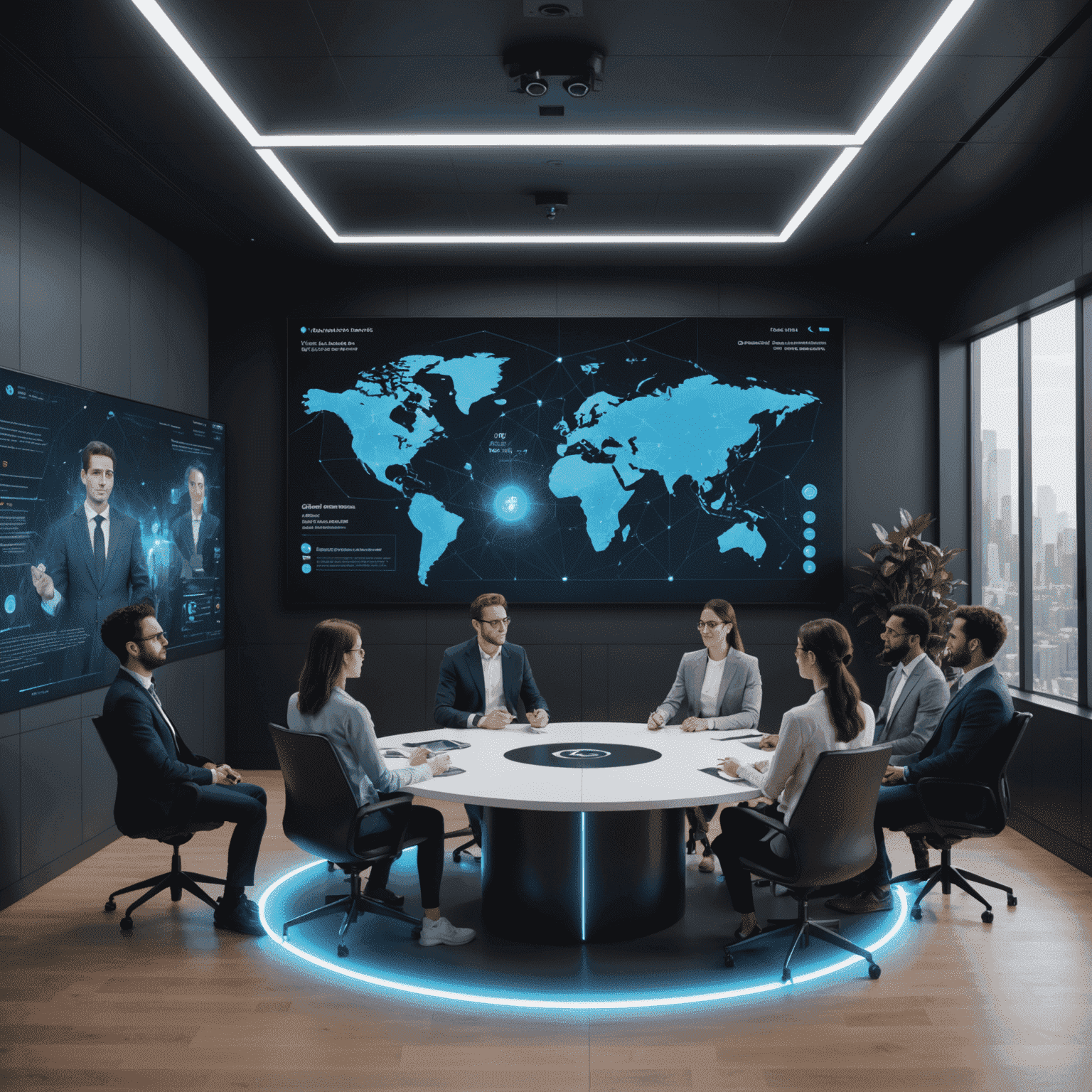 A futuristic interface of Quantum Connect showing a virtual meeting room with holographic participants, real-time translation subtitles, and an AI assistant
