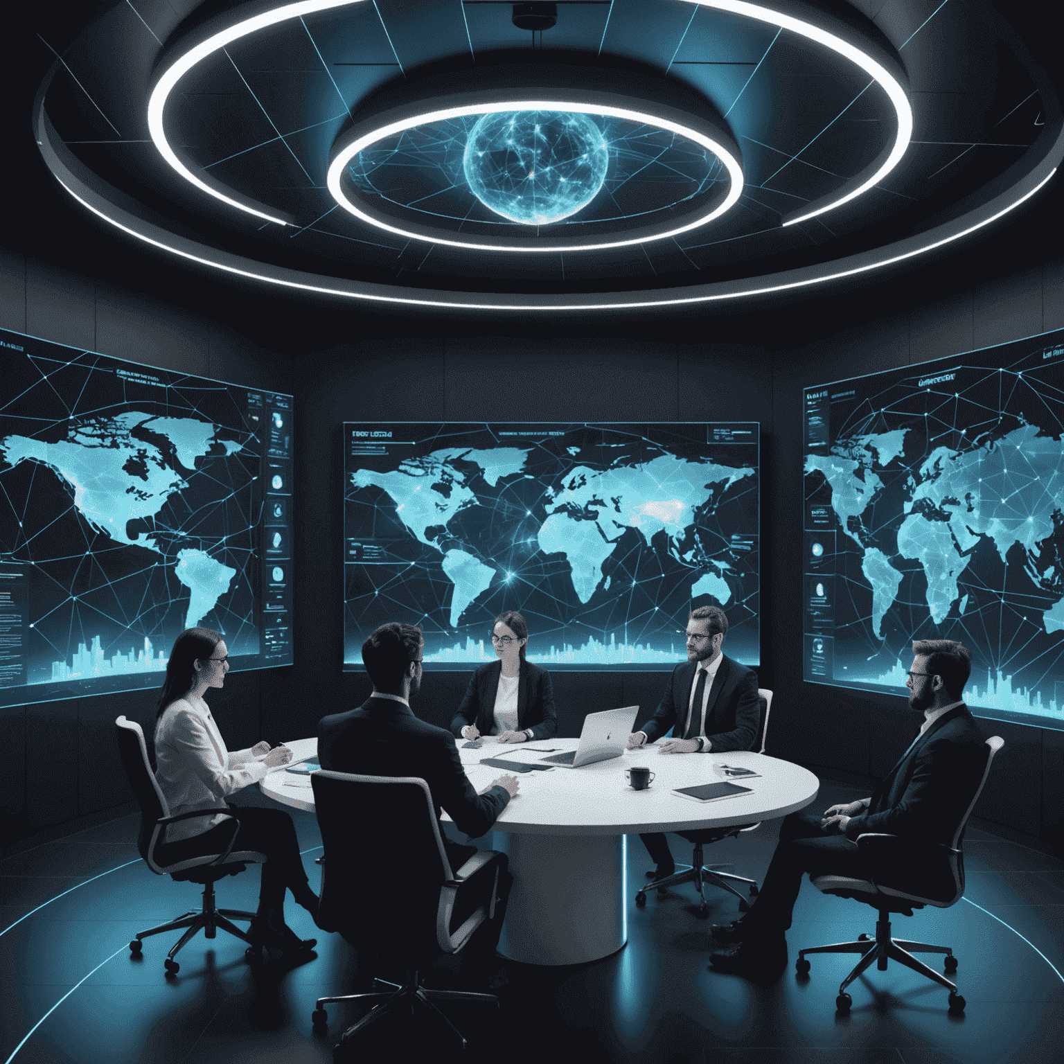 Futuristic visualization of a virtual team meeting with holographic interfaces and global team members connected by glowing lines