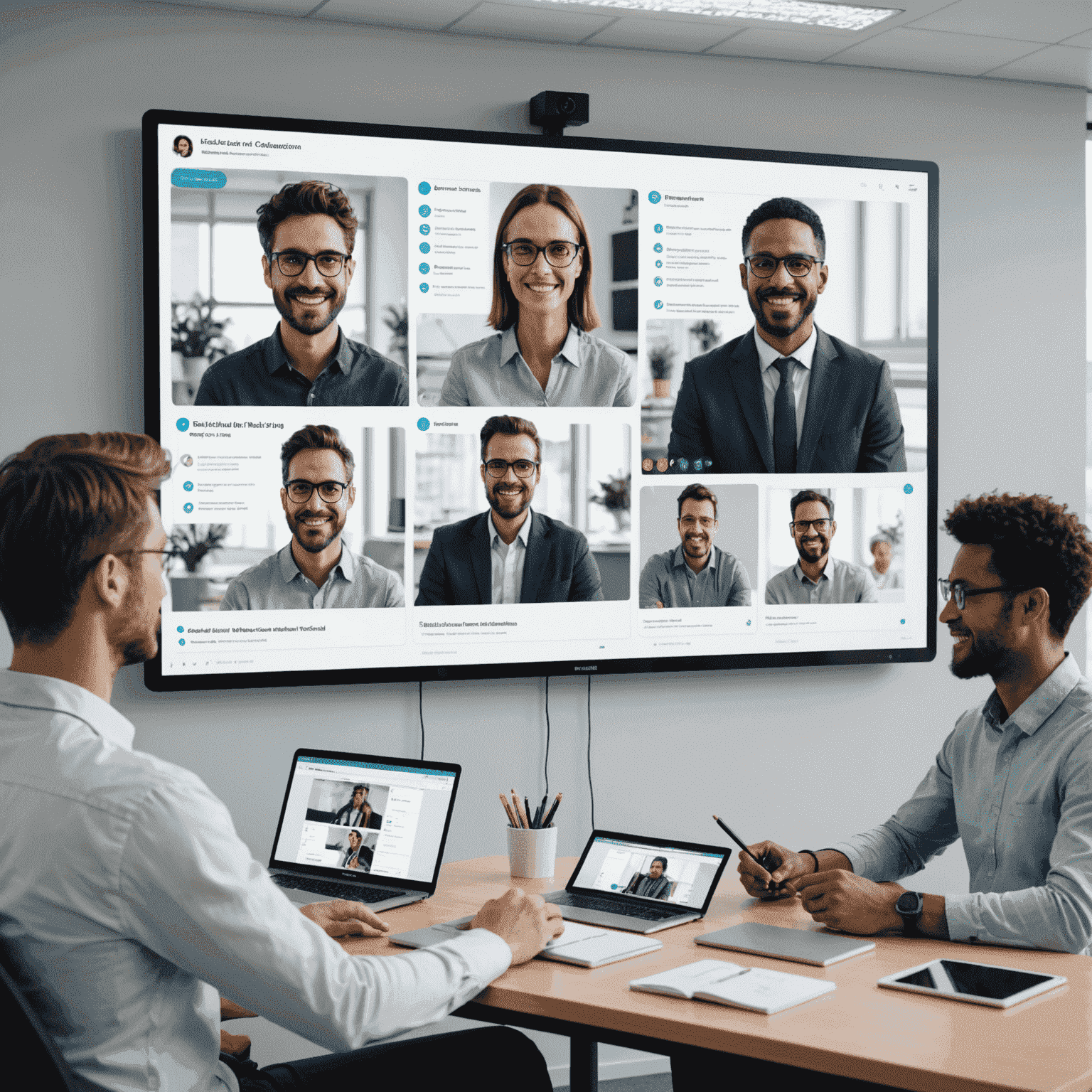 A futuristic interface showing multiple video chat windows, a shared digital whiteboard, and real-time document collaboration tools. The image represents advanced virtual collaboration tools for remote teams.