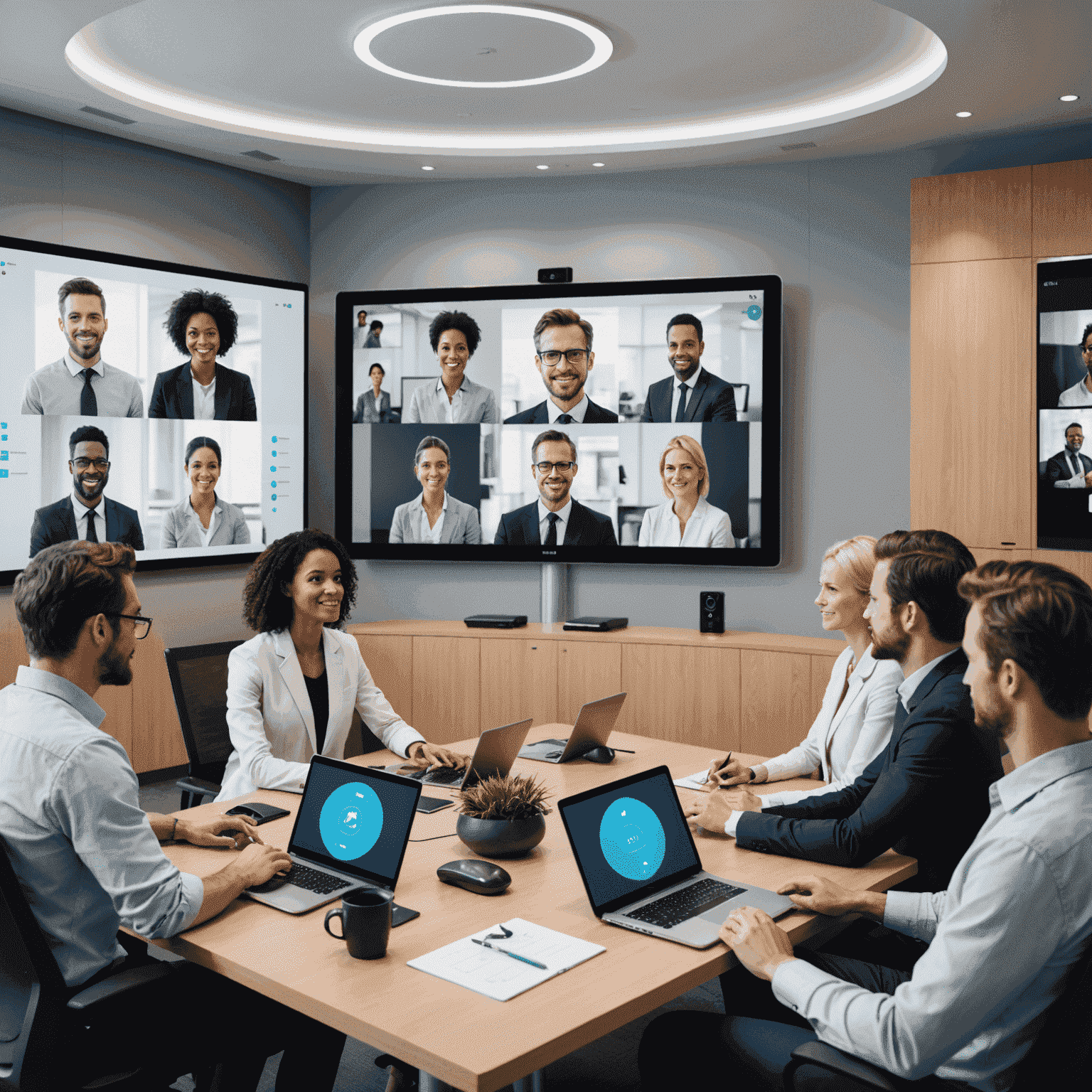 A futuristic video conferencing interface with multiple participants, showing high-quality video feeds and interactive controls