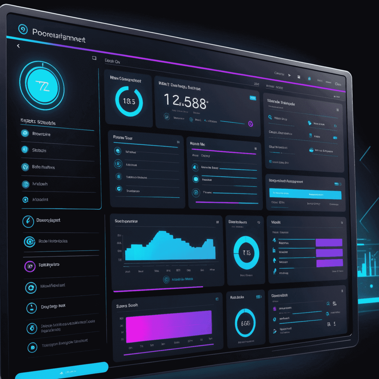 A futuristic interface showing a project management dashboard with task lists, progress bars, and team member avatars. The interface has a dark background with neon blue and purple accents.