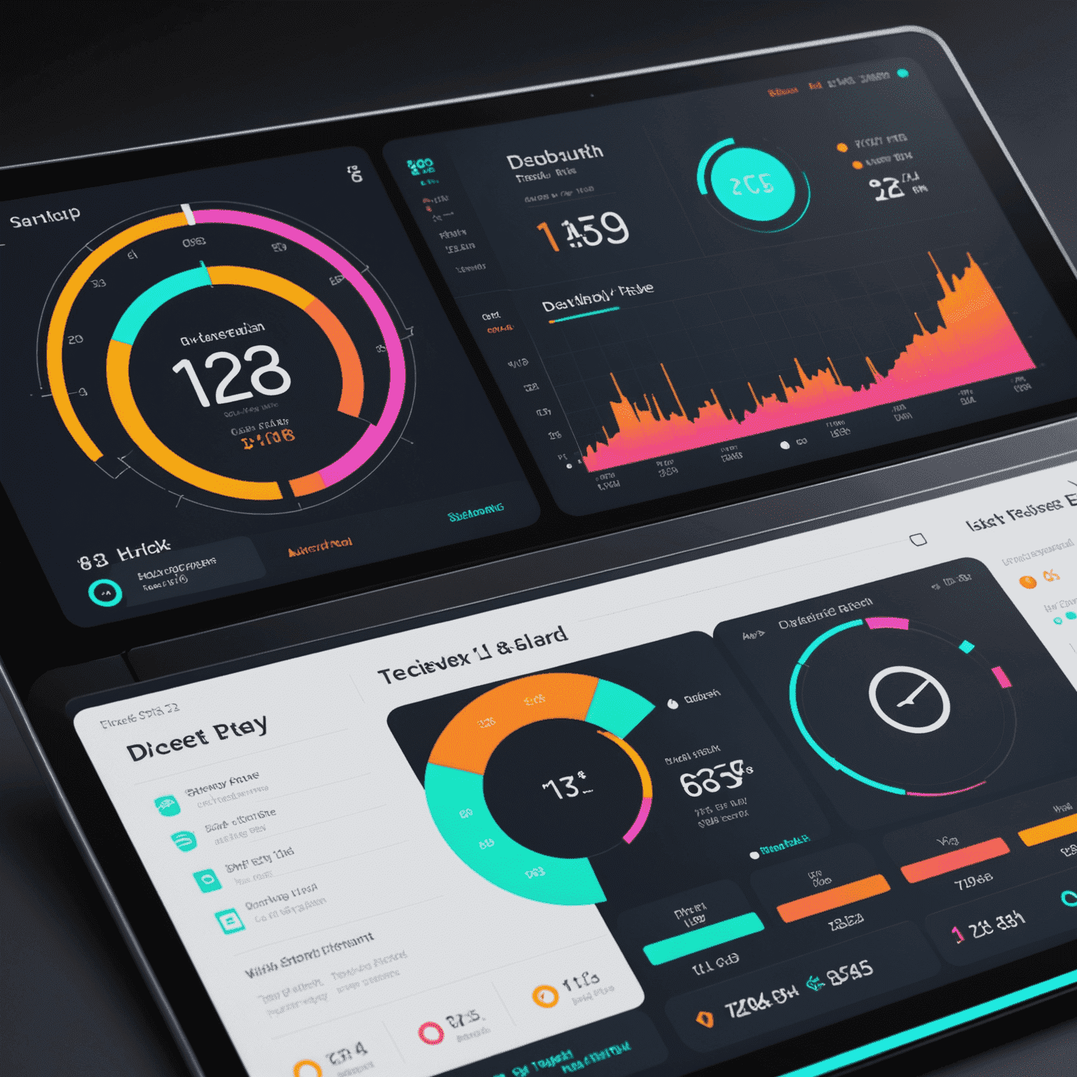Dashboard showing time tracking analytics with neon graphs and futuristic UI elements