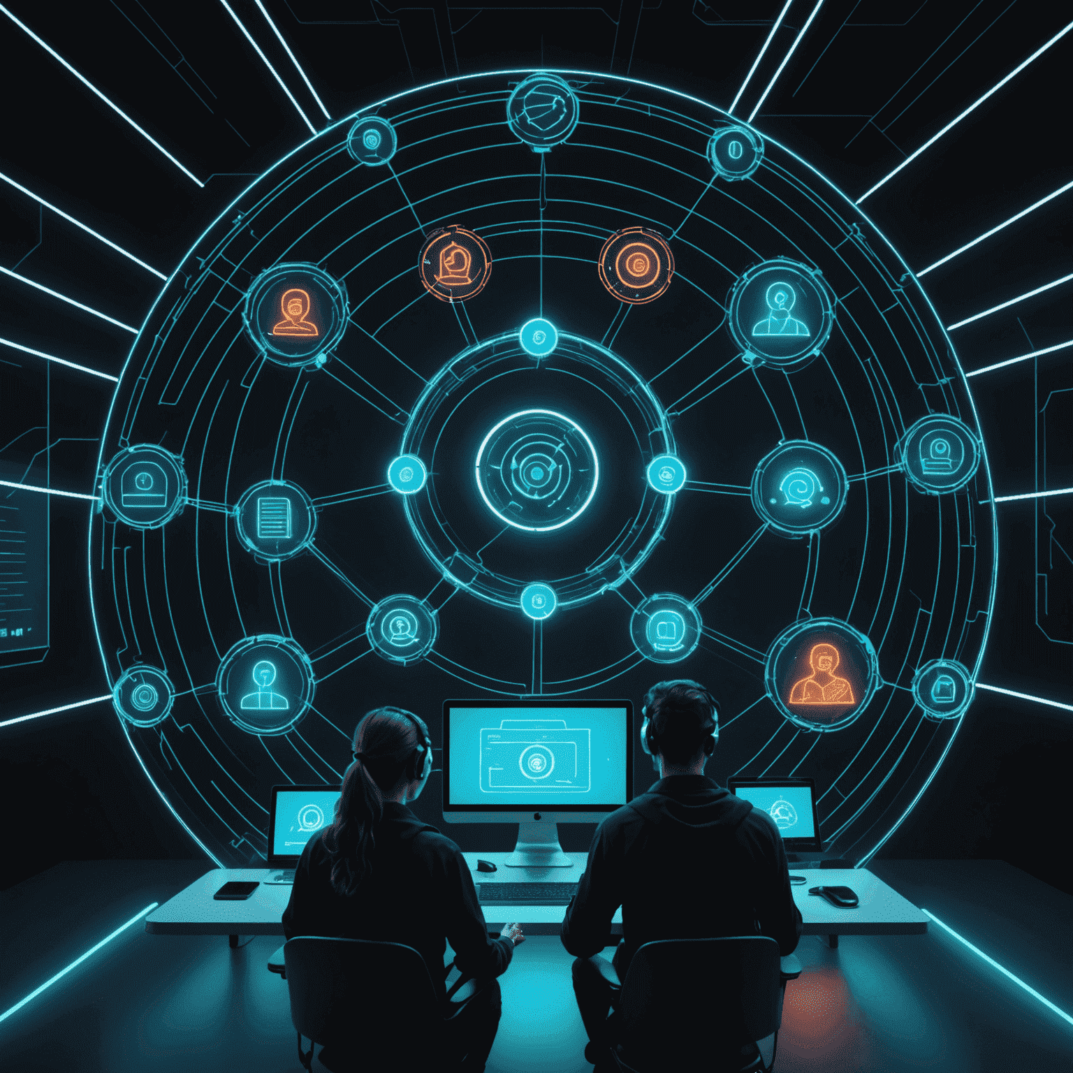 A futuristic interface showing secure file sharing between remote team members, with glowing neon lines connecting user avatars and document icons