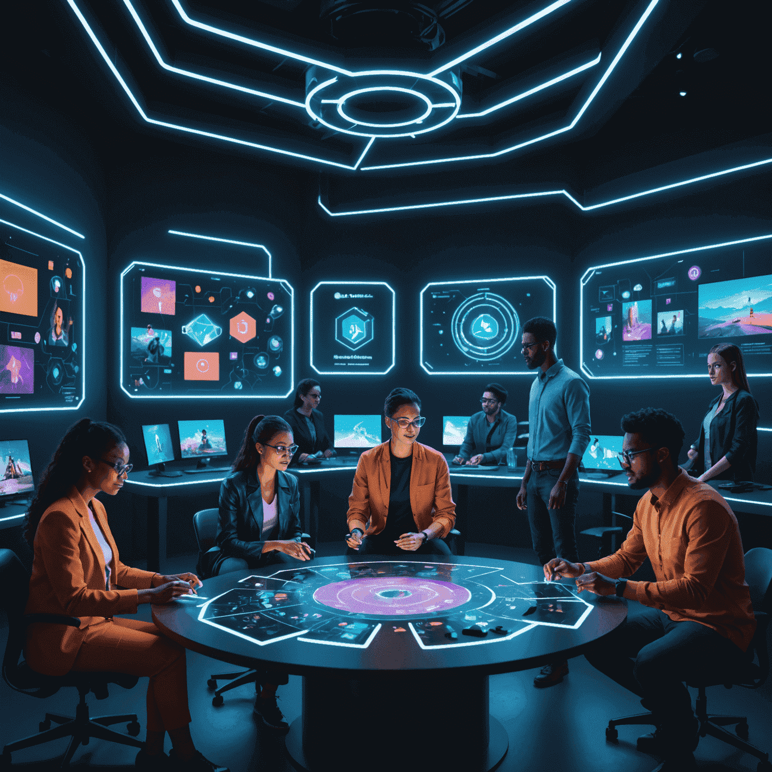 A futuristic digital workspace showing diverse team members engaged in various virtual team building activities. The image features neon-lit avatars interacting in a 3D virtual environment, with holographic displays of games, puzzles, and collaborative projects floating around them.