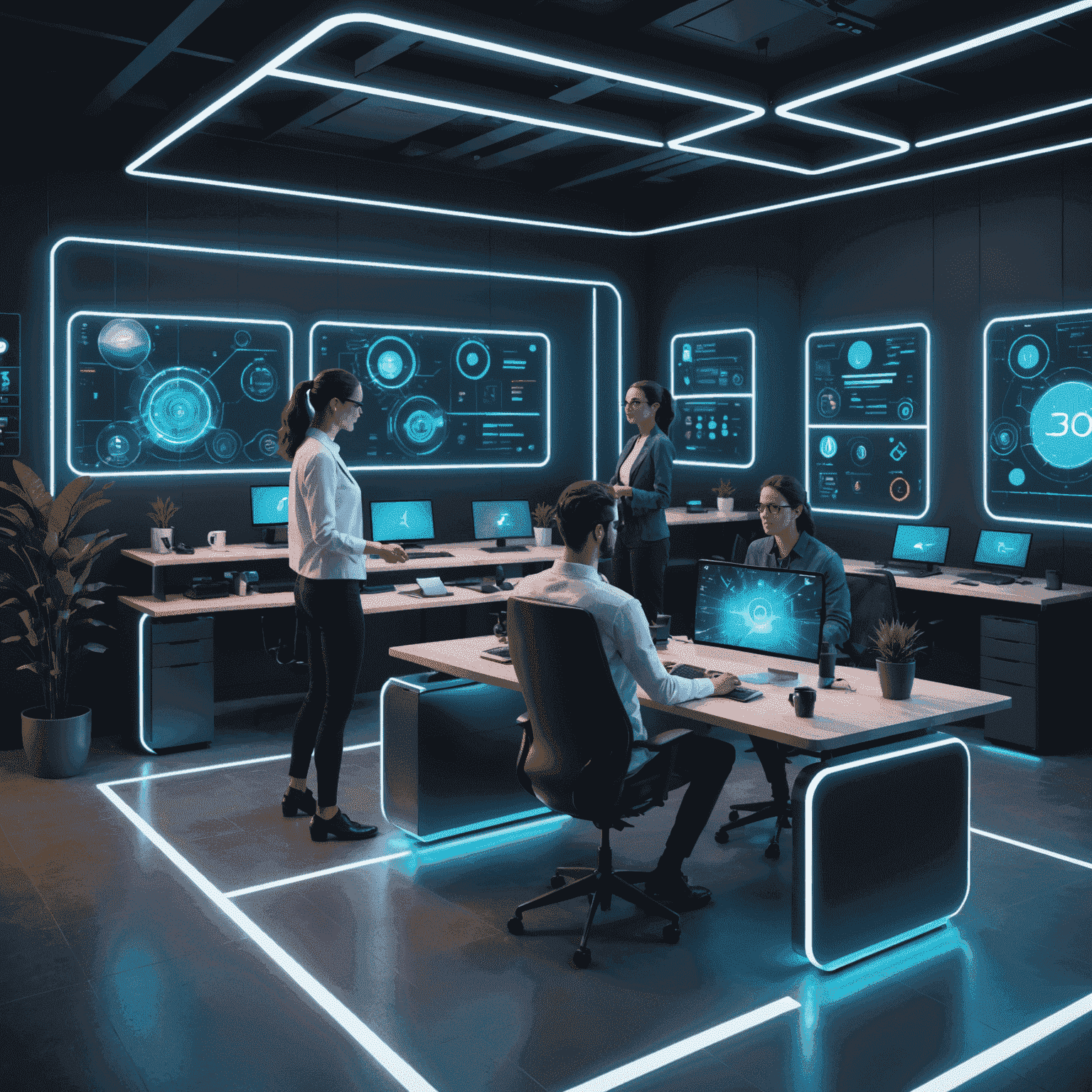 A futuristic virtual office space with holographic displays, showing avatars of remote workers interacting in a 3D environment with neon accents