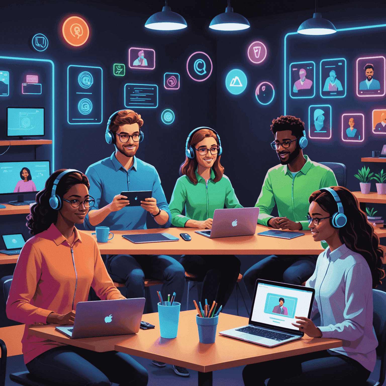 Animated illustration of remote team members engaged in a virtual team-building activity, with neon-colored avatars and interactive game elements