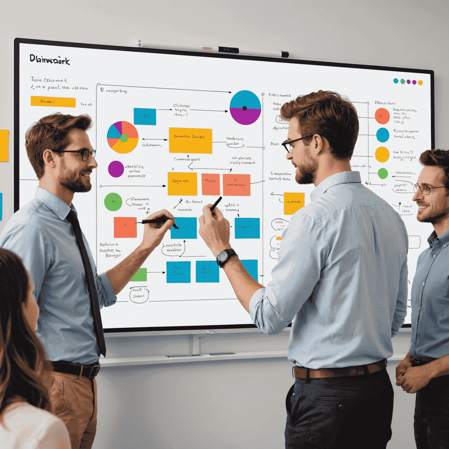 A digital whiteboard with multiple users collaborating, showing colorful diagrams, sticky notes, and real-time cursors