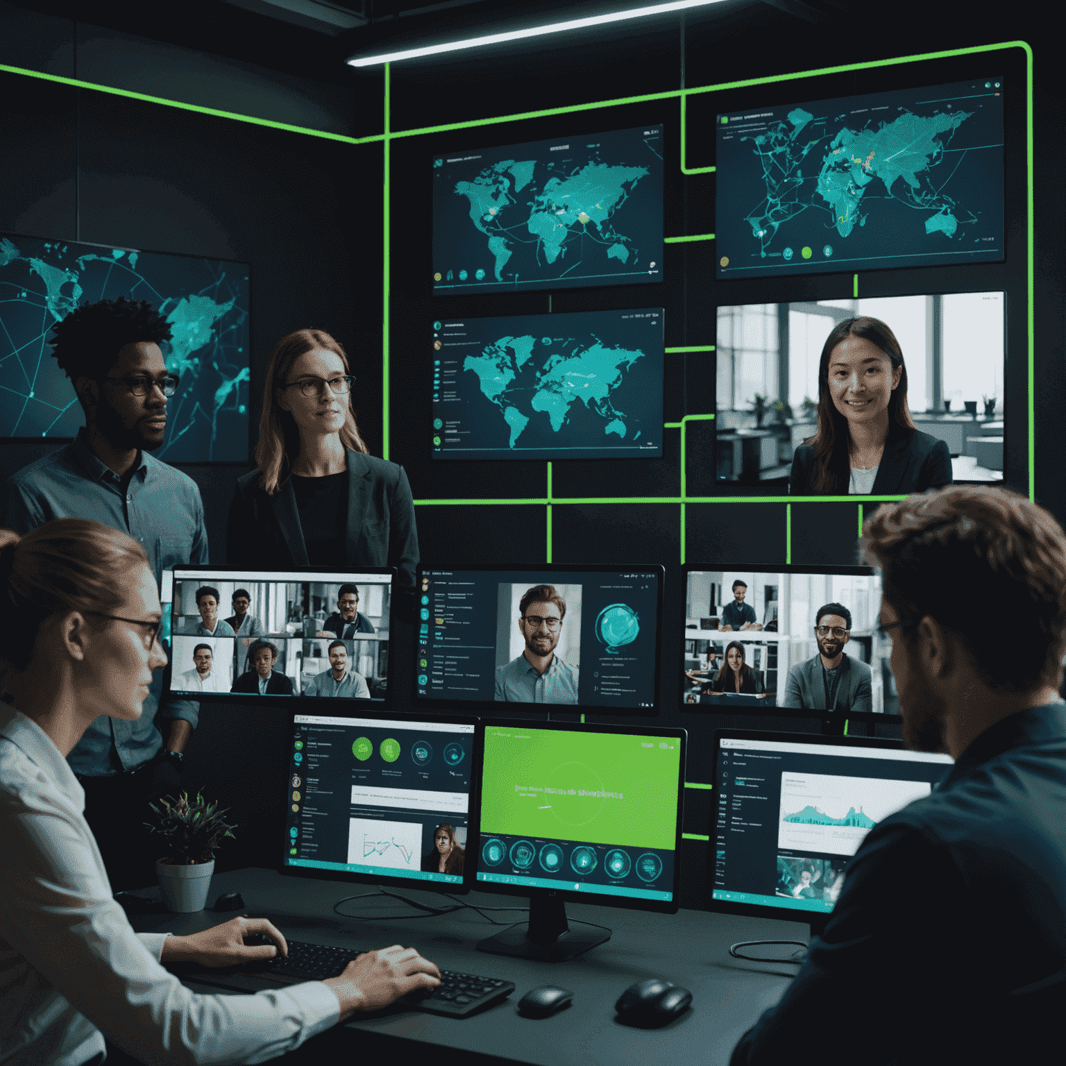 A split-screen image showing a diverse group of remote workers collaborating via video call on one side, and a futuristic 3D visualization of interconnected project tasks and timelines on the other. The image has a dark background with neon green and blue highlights.