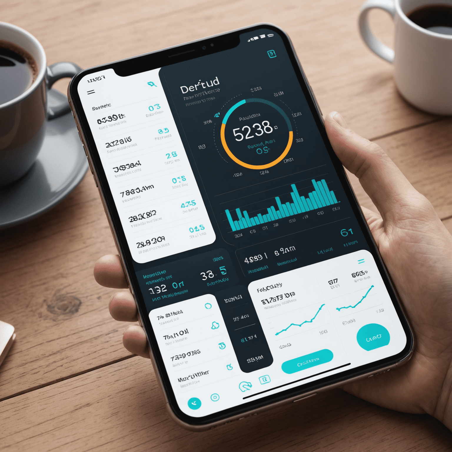 Mobile app interface showing personal productivity stats with futuristic design