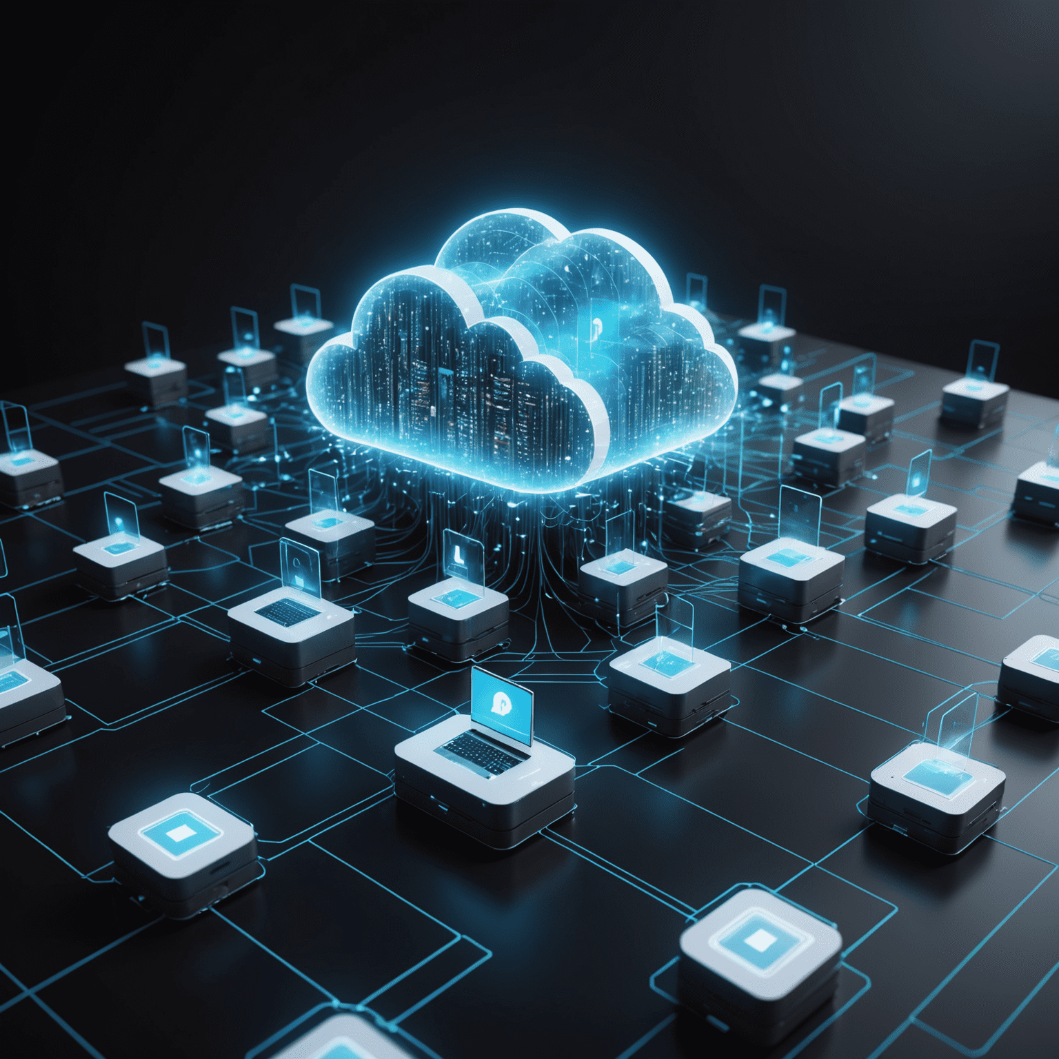 A 3D visualization of a secure cloud storage system, with holographic data packets floating around a central, glowing server structure