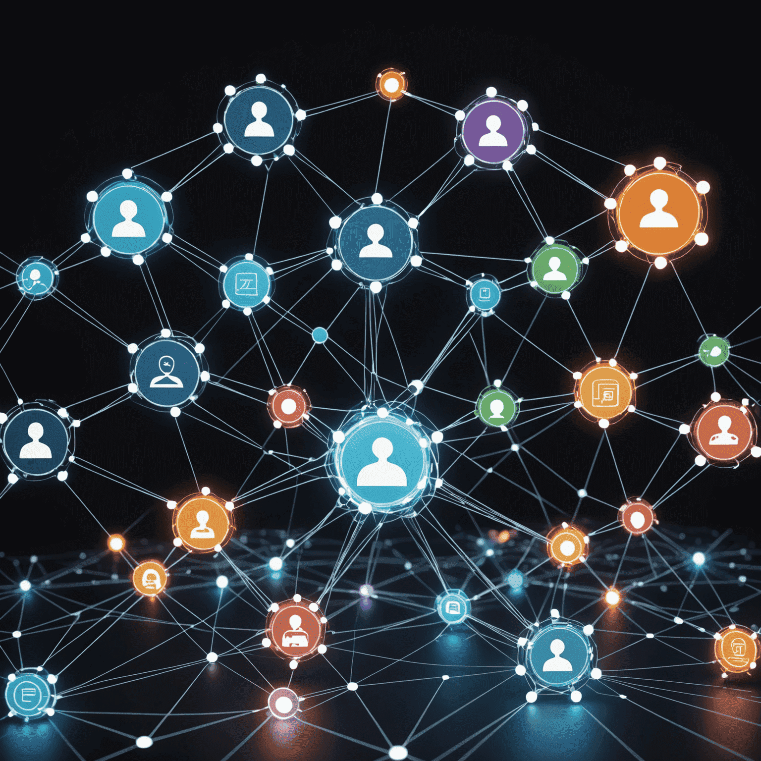 An abstract representation of virtual social engagement tools. The image shows interconnected nodes with avatars, symbolizing team members, linked by glowing lines representing various communication channels and collaborative activities. Holographic icons float around, depicting different engagement tools and metrics.