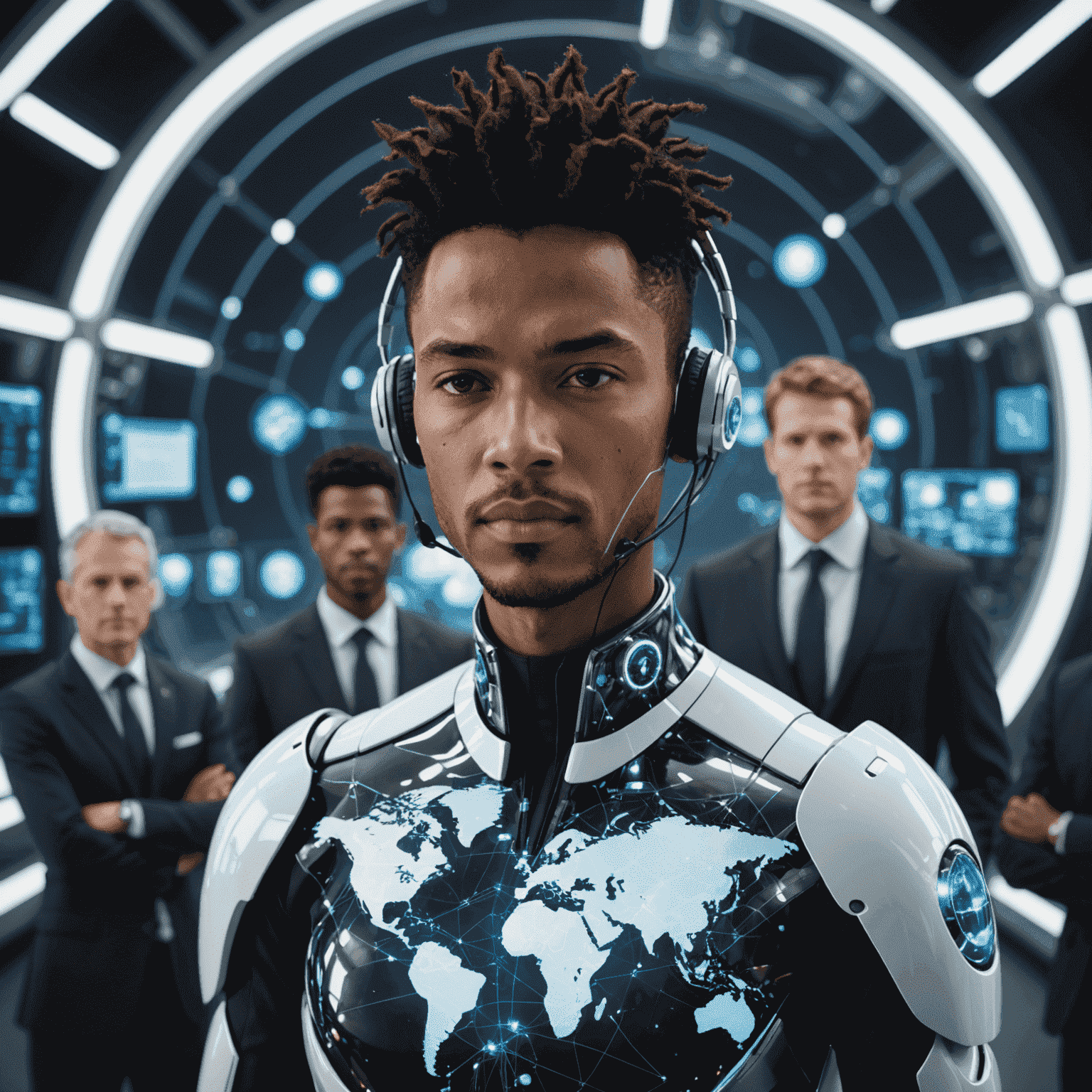 Futuristic depiction of a virtual leader connecting with a global team