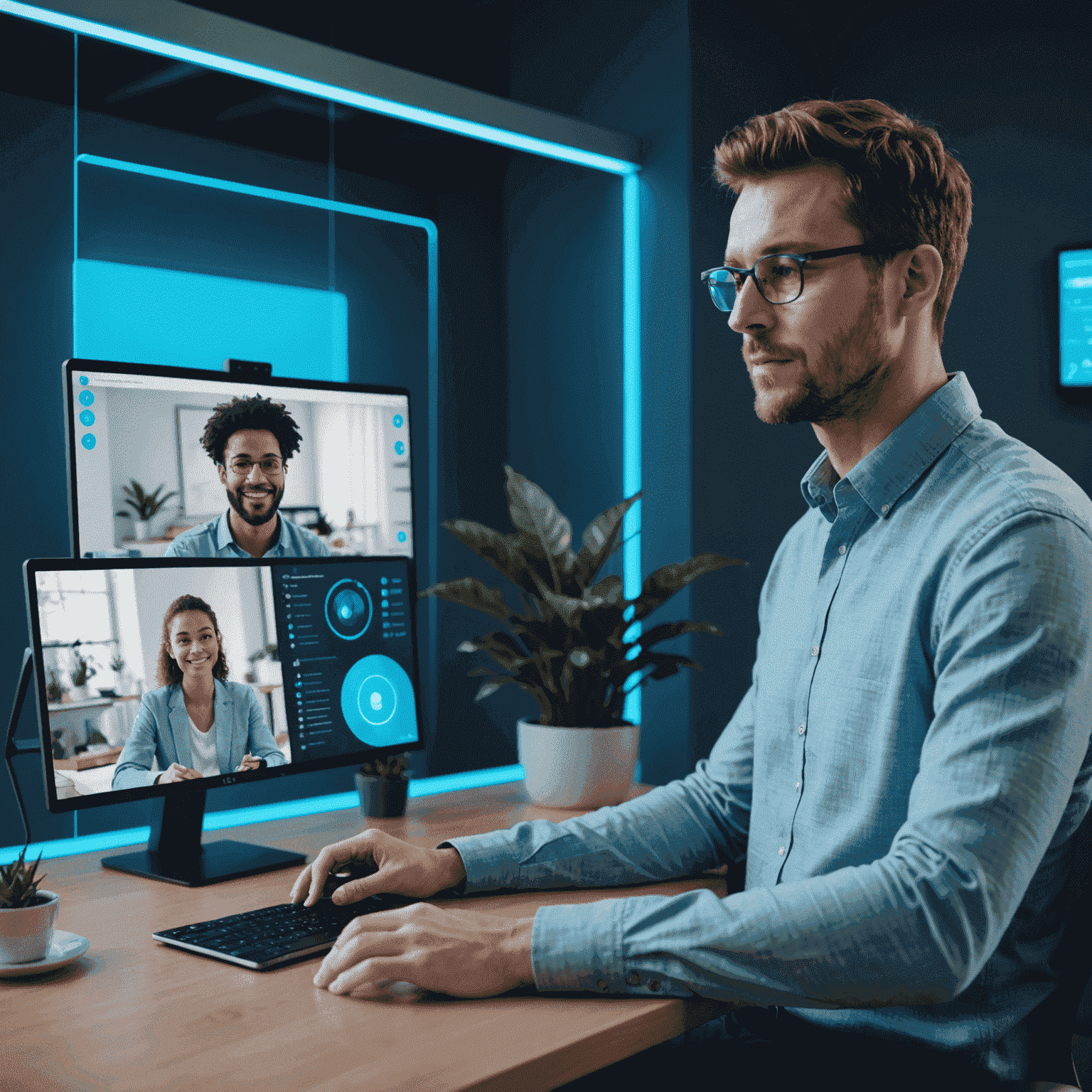 Split-screen image showing a relaxed remote worker using a holographic display for work on one side, and participating in a virtual wellness session on the other, with calming neon blue accents