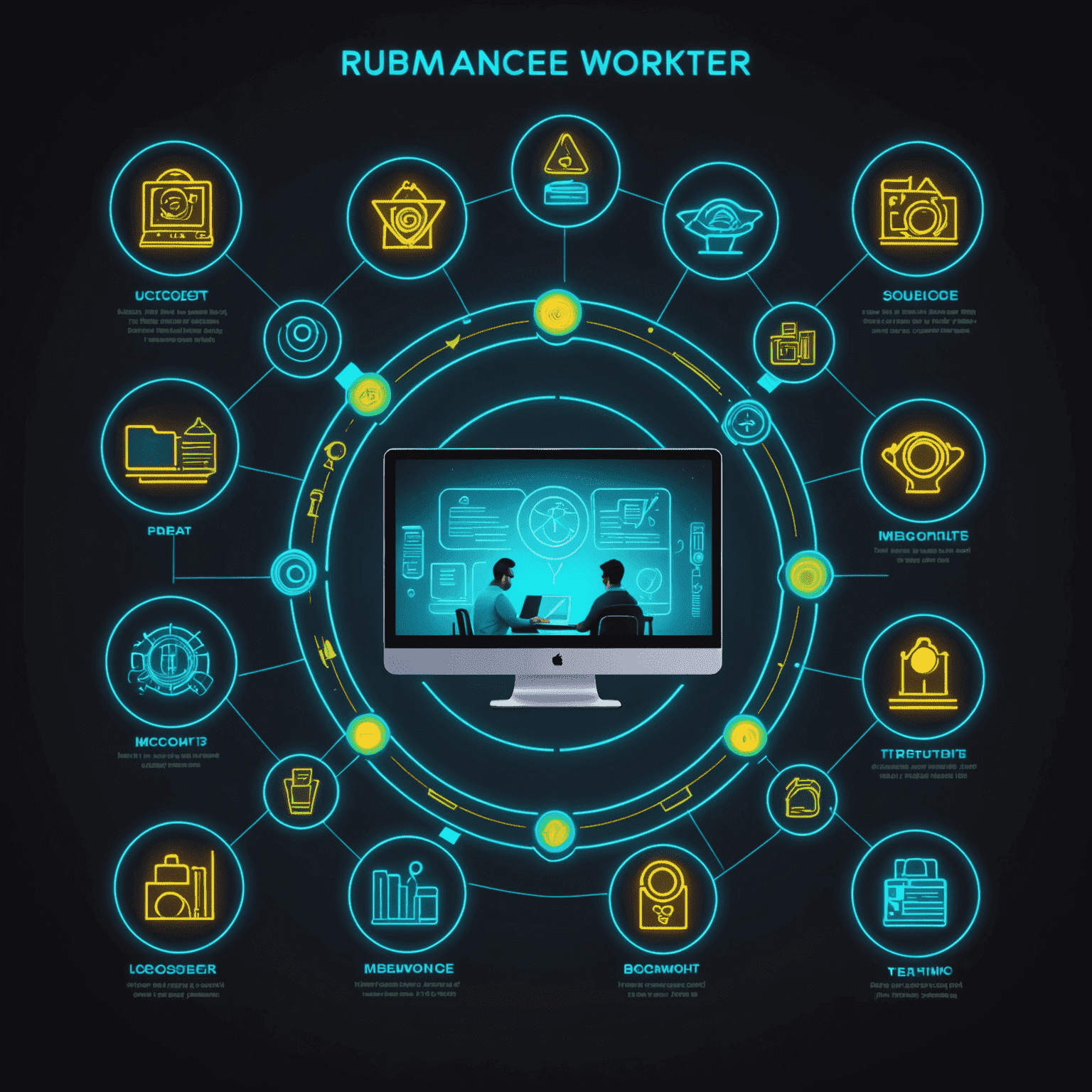 Futuristic infographic showing a balanced remote worker's day, with neon icons representing work tasks, leisure activities, and health routines