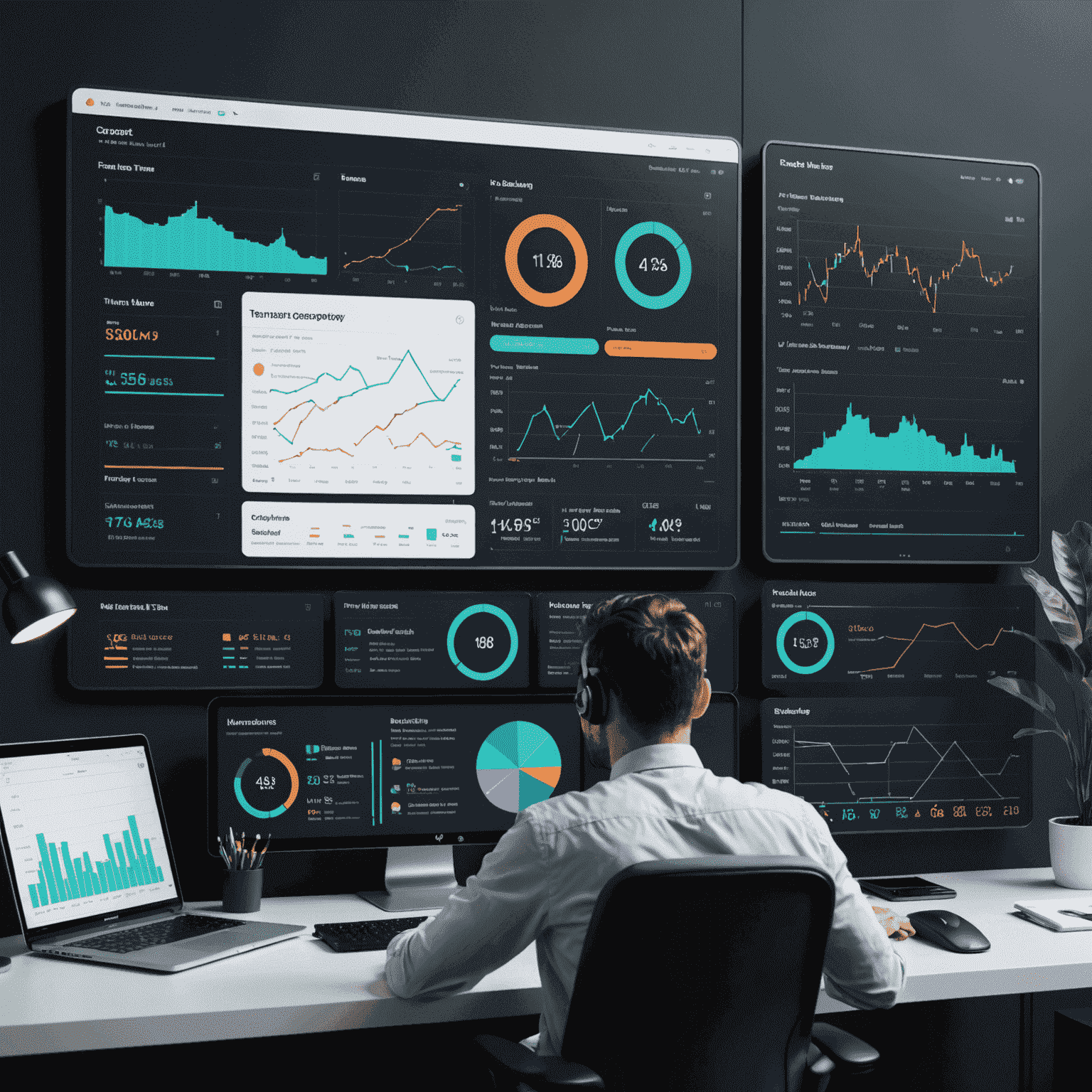 A futuristic time tracking interface with neon graphs and charts showing productivity analytics. The image includes visual representations of work patterns and performance metrics for remote teams.