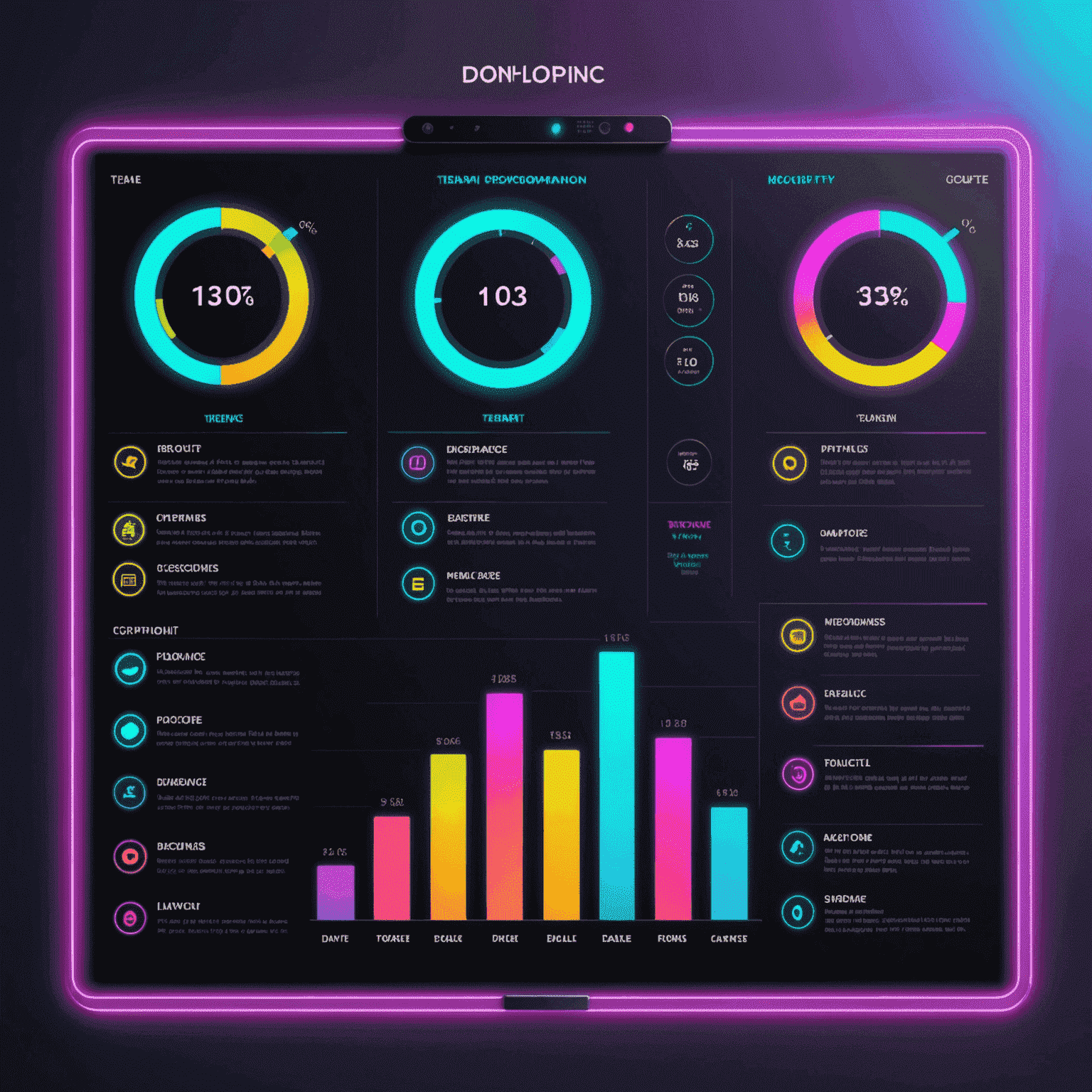 Team performance comparison chart with neon colors and holographic elements