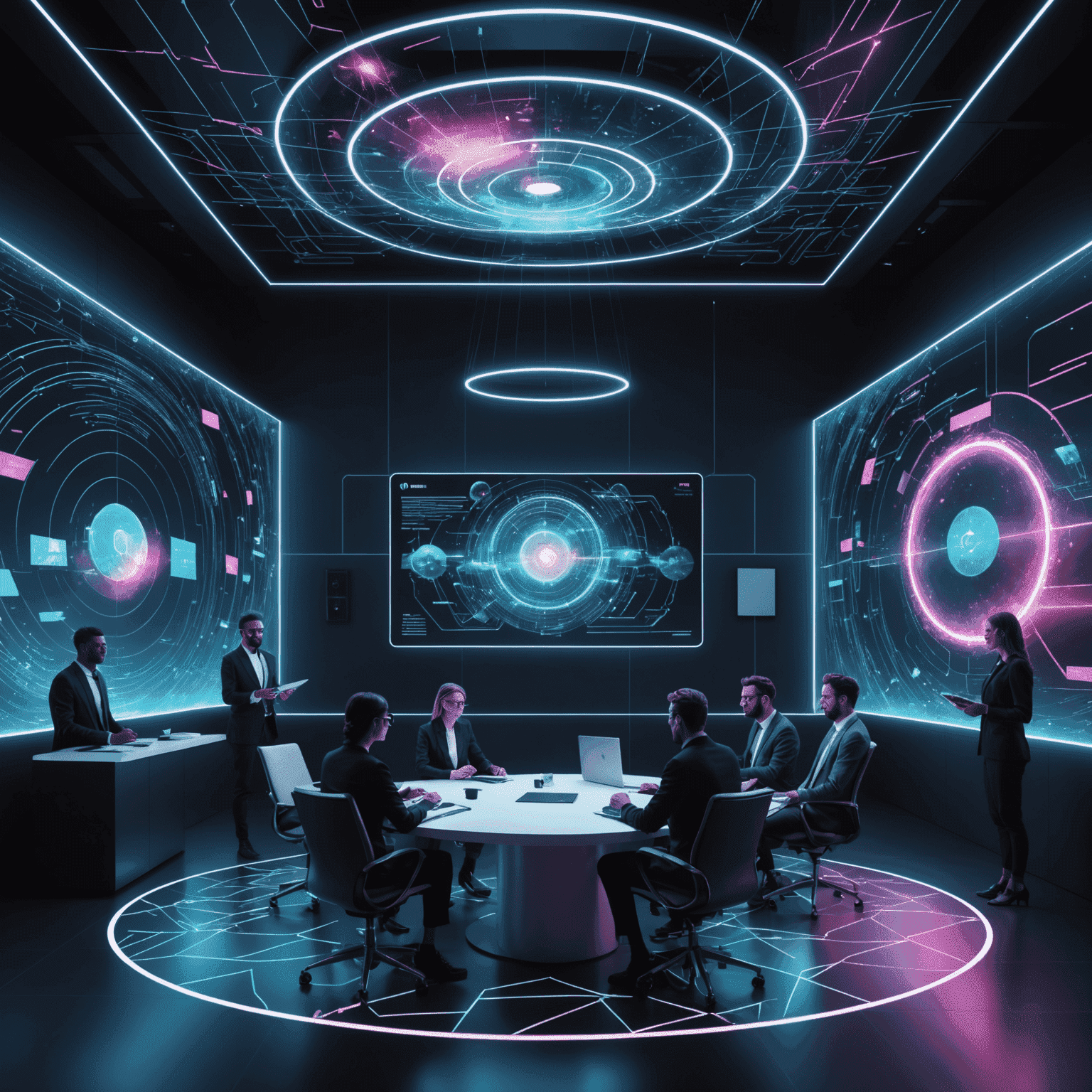 A futuristic virtual meeting room with holographic team members collaborating on floating digital documents, surrounded by neon data streams