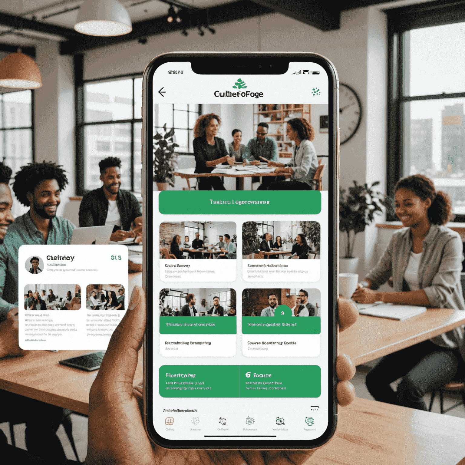 CultureForge app showing virtual team-building activities, recognition board, and wellness challenges