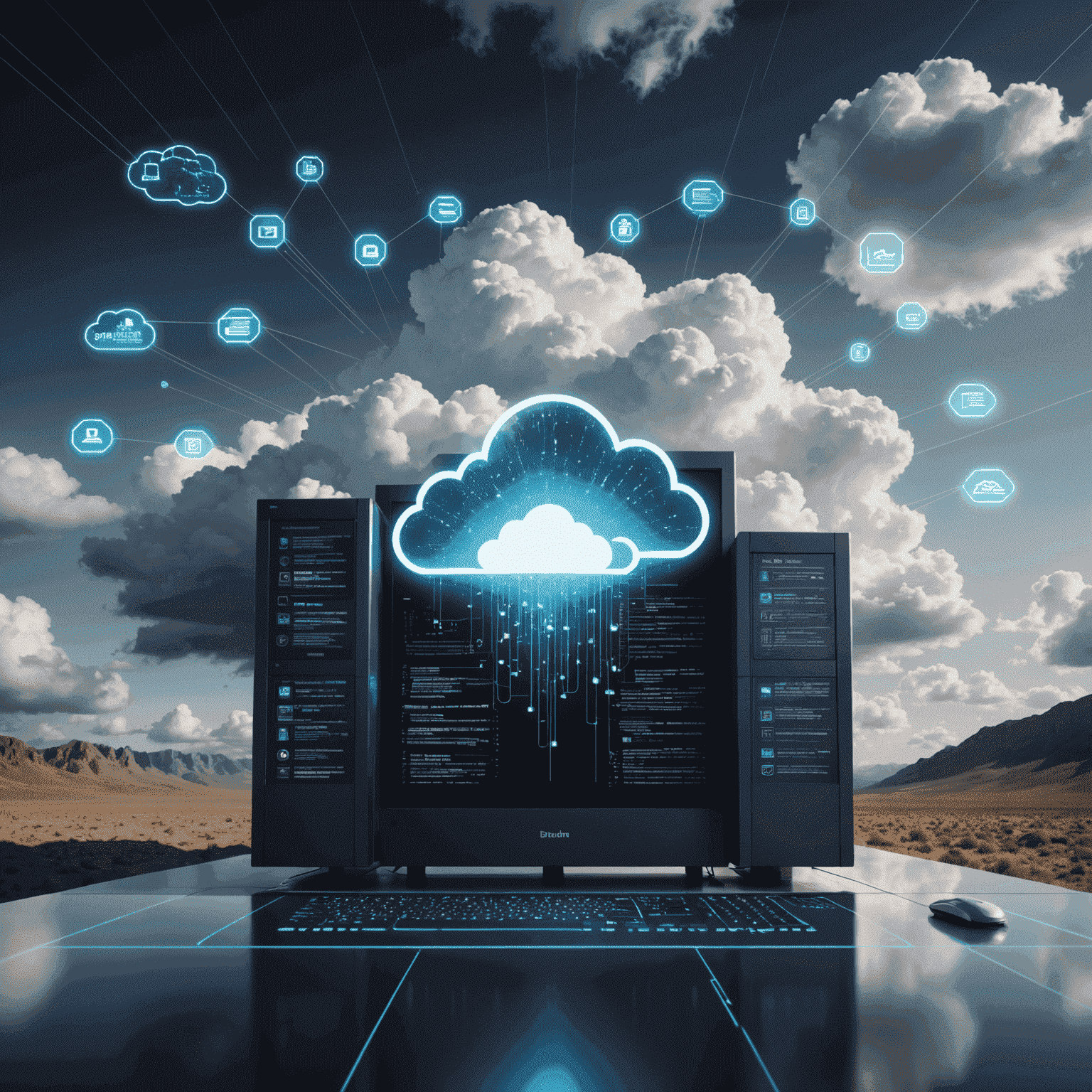 A high-tech interface showcasing secure file sharing and cloud storage. The image displays encrypted file transfers, collaborative document editing, and a futuristic representation of cloud data protection.