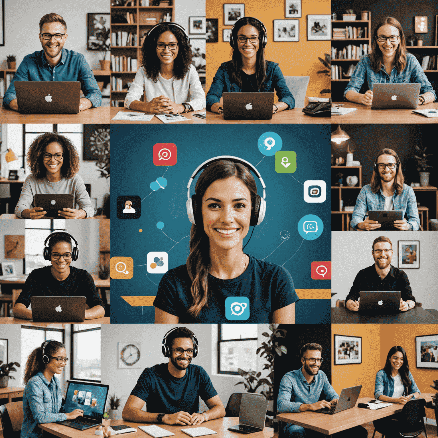A collage of virtual team building activities, showing avatars engaged in online games, virtual escape rooms, and digital social events. The image emphasizes remote team engagement and culture building.